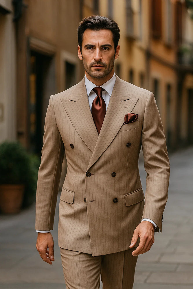 Suits With Baggy Pleated Pants - Wide Leg Pants 100% Wool - Classic Fit in Light Brown with Brown Pinstripe Color by Rossiman
