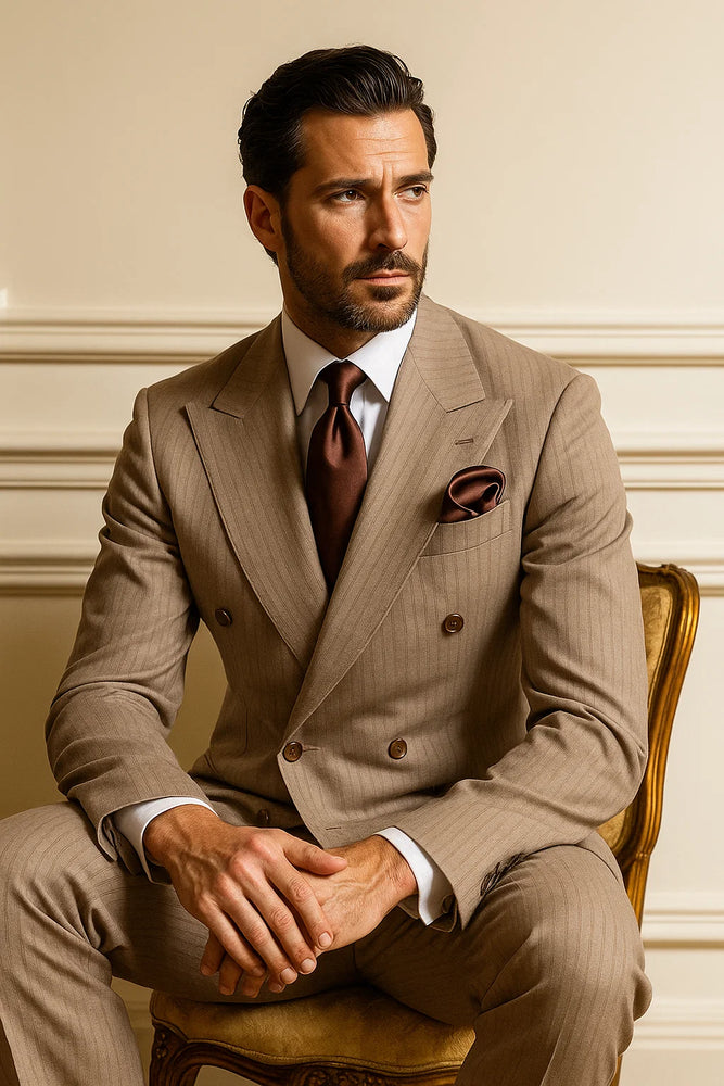 Suits With Baggy Pleated Pants - Wide Leg Pants 100% Wool - Classic Fit in Light Brown with Brown Pinstripe Color by Rossiman
