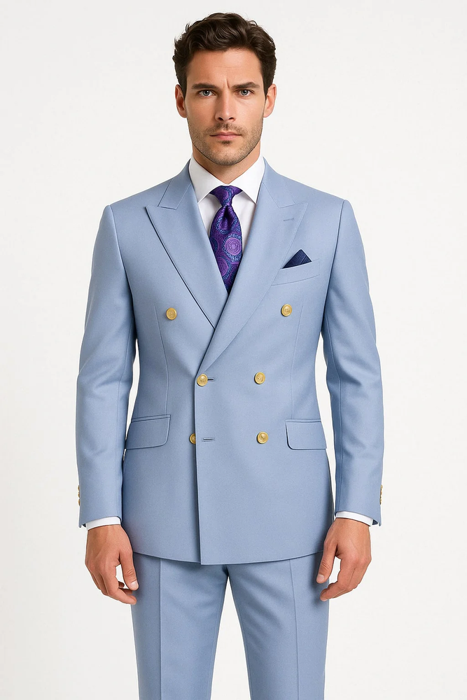 Mens Light Blue Double-Breasted Suits with Gold Button – Slim Fit 2-Piece Formal Set in Sky Blue Color