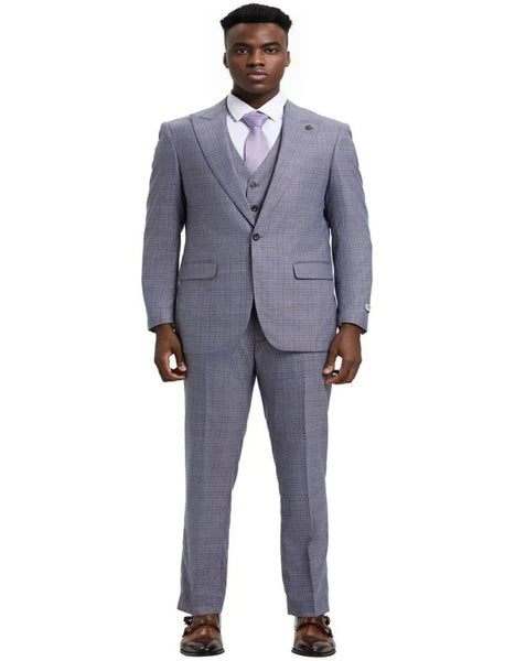 Men's Stacy Adams Vested One Button Wide Peak Lapel Windowpane Light Grey Suit