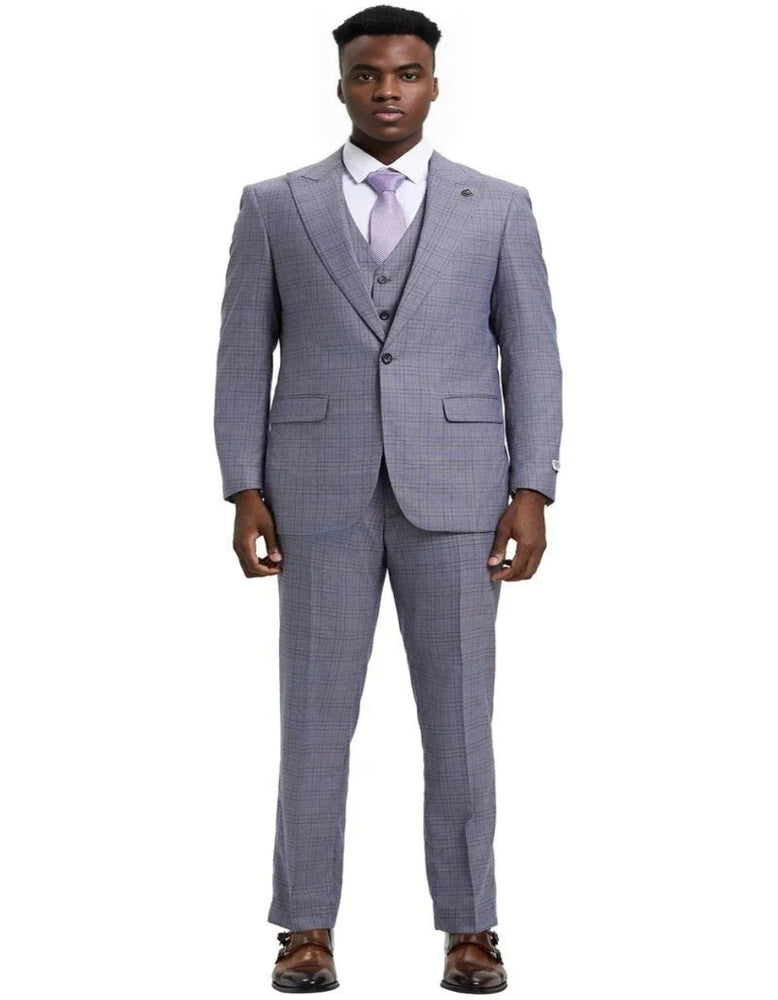 Men's Stacy Adams Vested One Button Wide Peak Lapel Windowpane Light Grey Suit