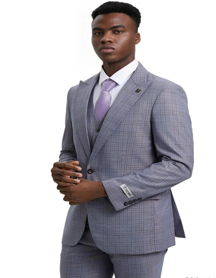 Men's Stacy Adams Vested One Button Wide Peak Lapel Windowpane Light Grey Suit