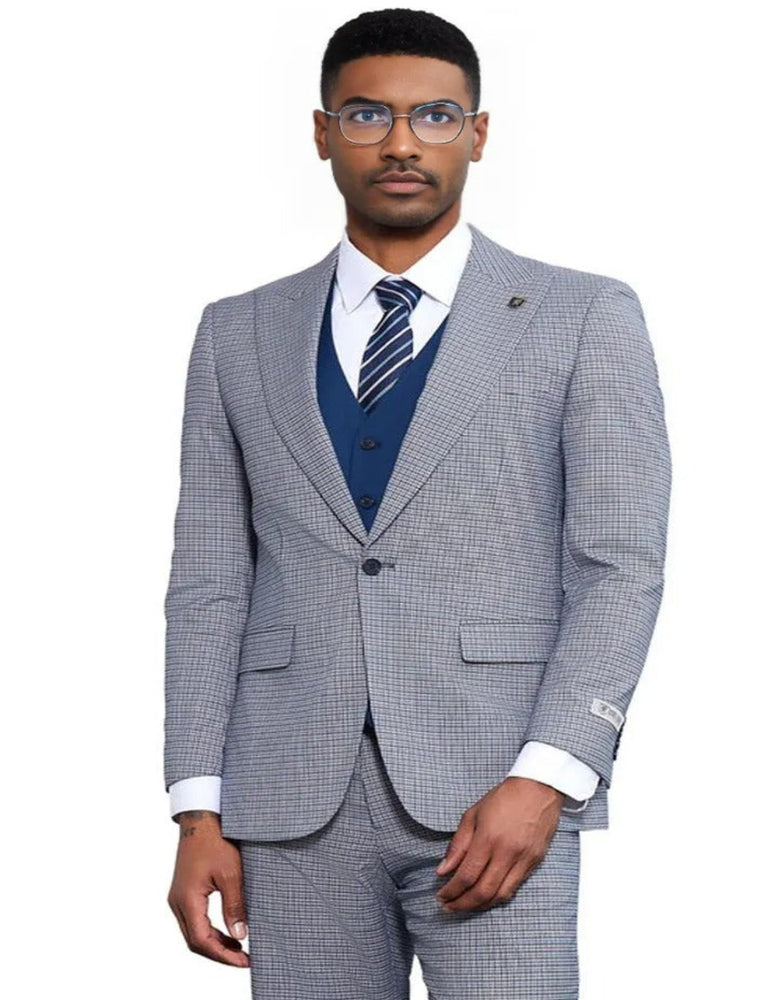 Men's Stacy Adams One Button Peak Lapel Vested Micro Check Light Blue With a Frenh Blue Vest