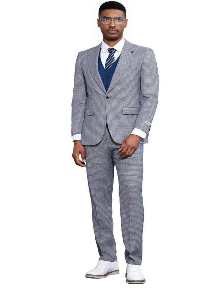 Men's Stacy Adams One Button Peak Lapel Vested Micro Check Light Blue With a Frenh Blue Vest