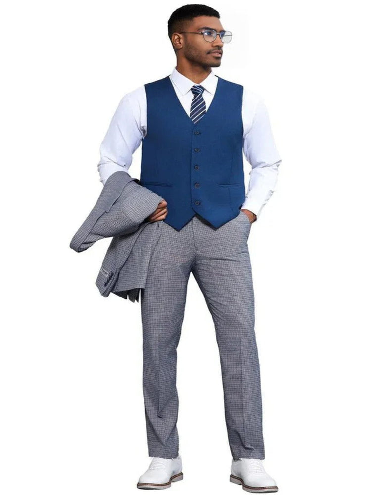 Men's Stacy Adams One Button Peak Lapel Vested Micro Check Light Blue With a Frenh Blue Vest