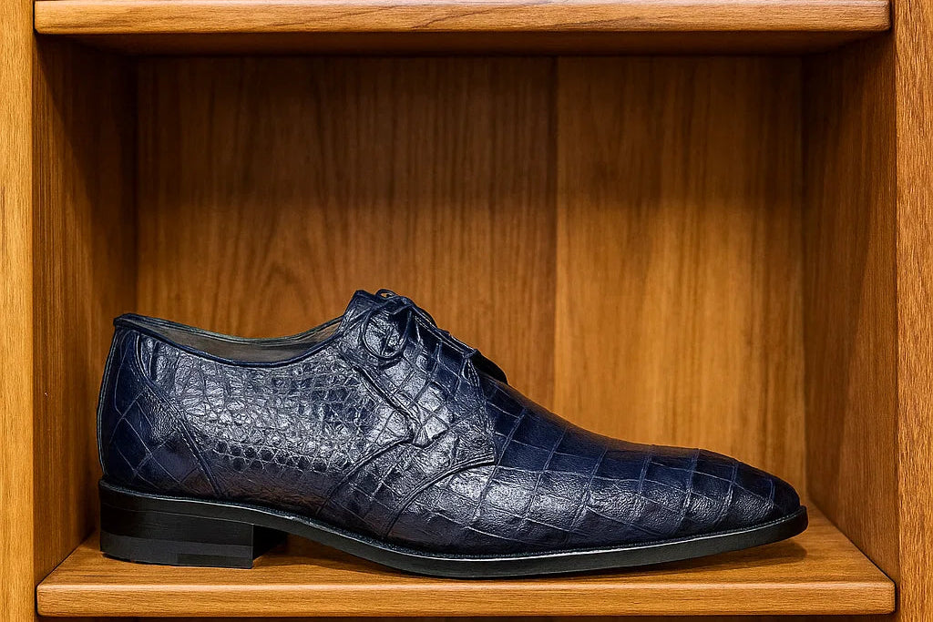 Los Altos Navy All-Over Crocodile Lace Up Dress Shoes
