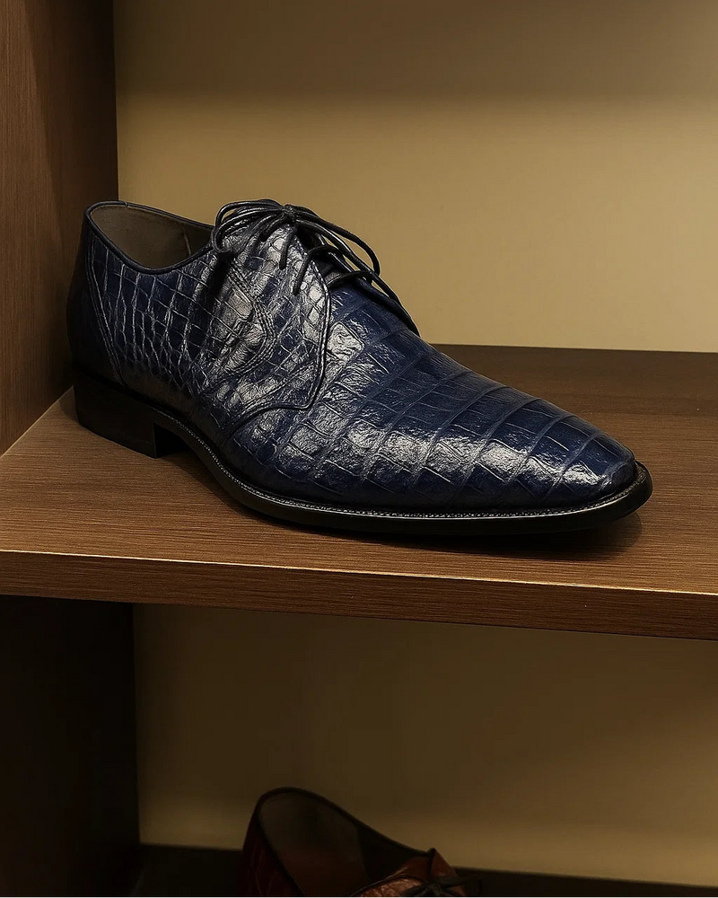 Los Altos Navy All-Over Crocodile Lace Up Dress Shoes