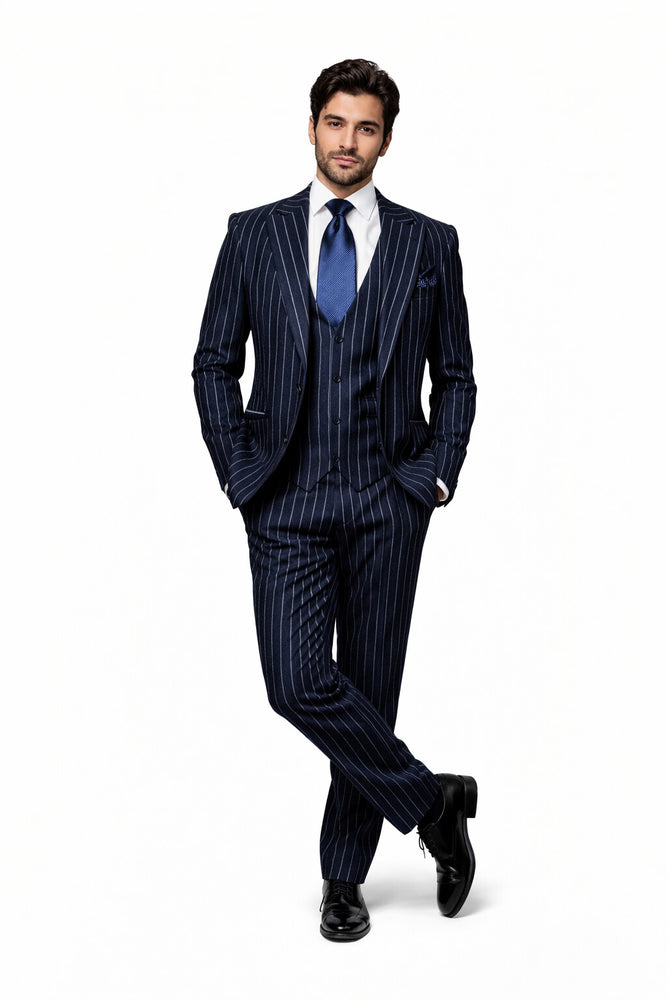 Rossiman Chancellor Navy Pinstripe 3-Piece Prestige Suit