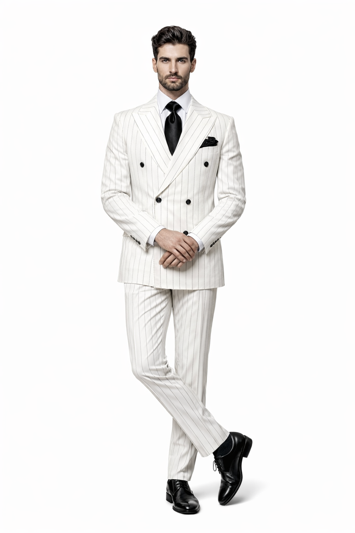 Rossiman Imperial White Double-Breasted Pinstripe Three-Piece Suit