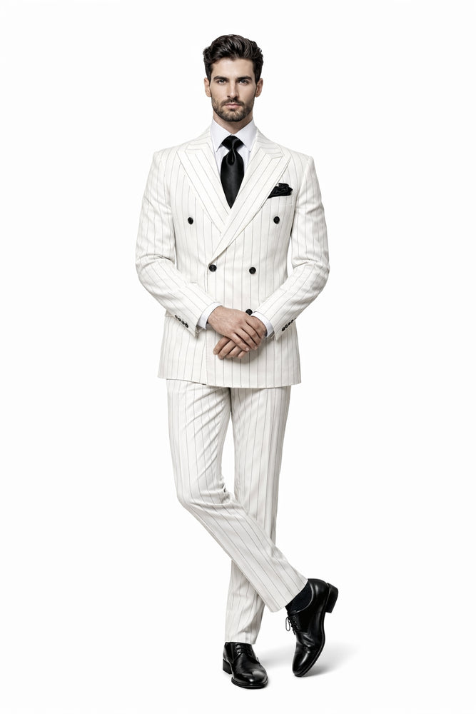 Rossiman Imperial White Double-Breasted Pinstripe Three-Piece Suit