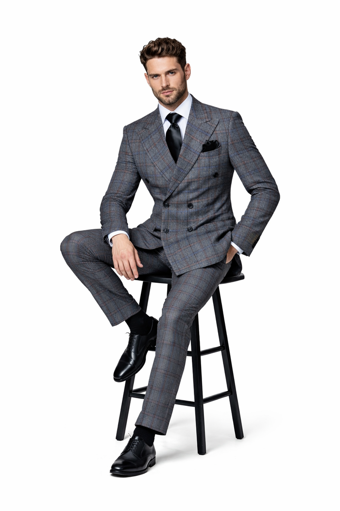 Grey Highland Plaid Double-Breasted 3-Piece Executive Suit by Rossiman