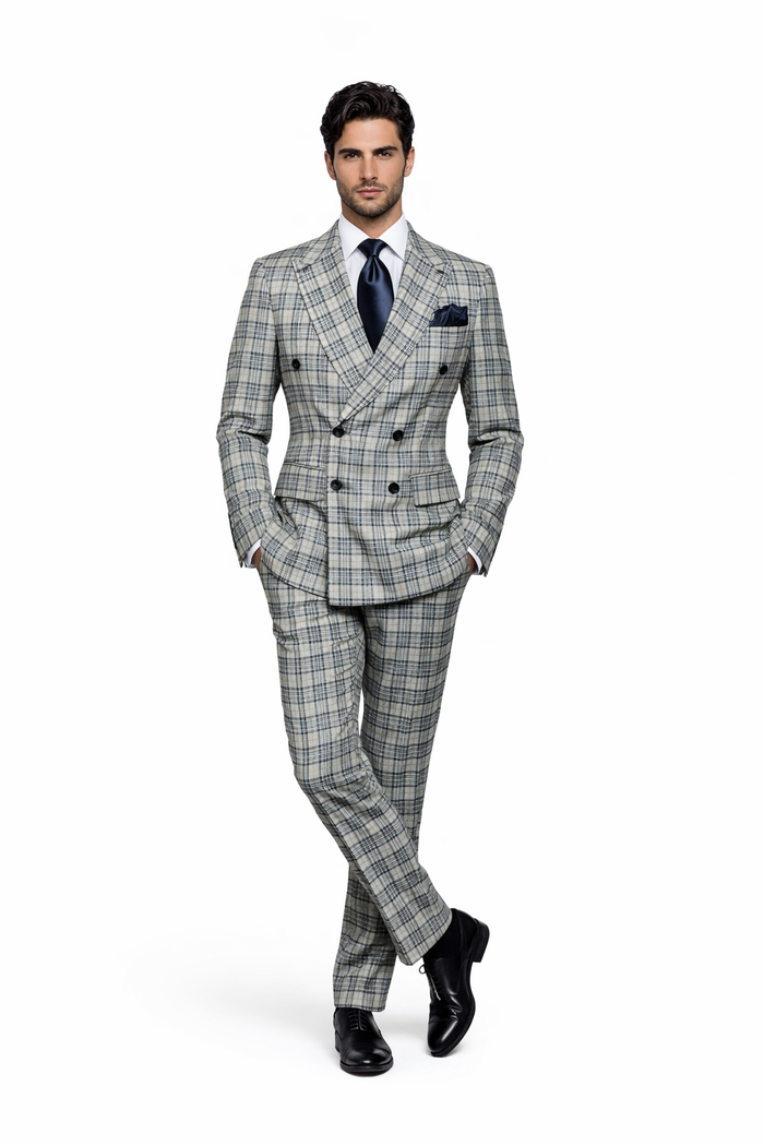 Rossiman Regency Cream & Navy Plaid Double Breasted Suit