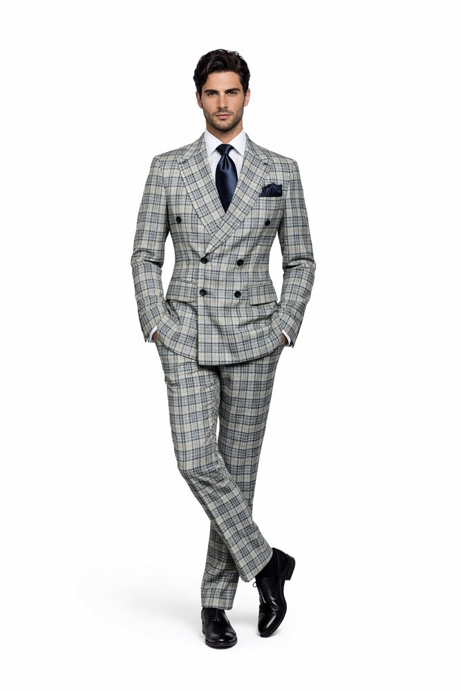Rossiman Regency Cream & Navy Plaid Double Breasted Suit