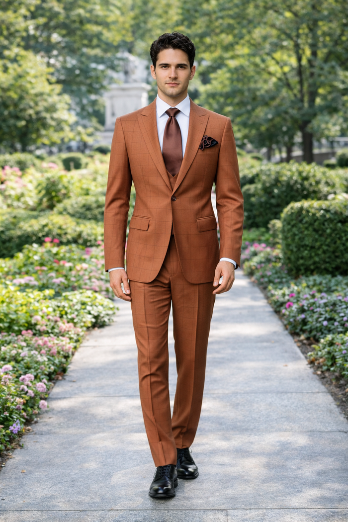 Cognac Windowpane 3-Piece Modern Executive Suit by Rossiman