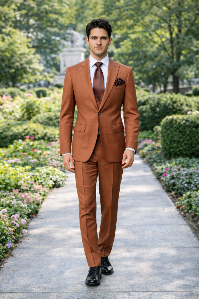 Cognac Windowpane 3-Piece Modern Executive Suit by Rossiman