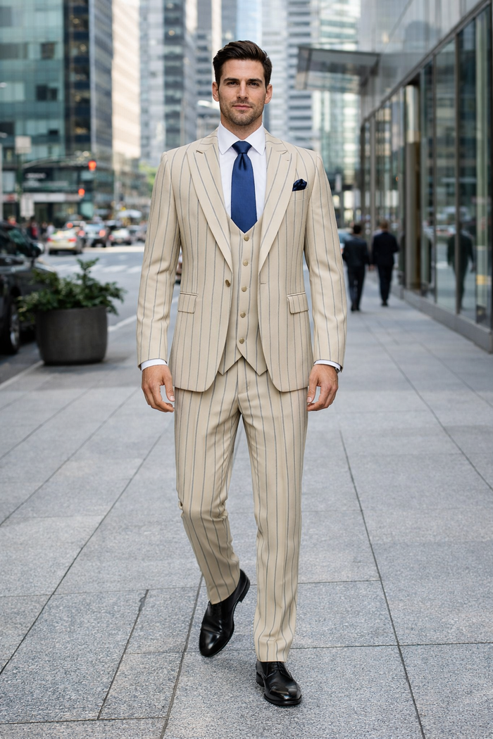 Sandline Beige & Blue Pinstripe 3-Piece Executive Suit by Rossiman