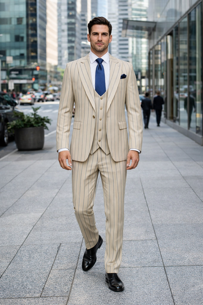 Sandline Beige & Blue Pinstripe 3-Piece Executive Suit by Rossiman