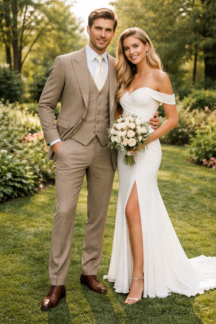 Sandstone Legacy Tan Pinstripe 3-Piece Artisan Suit by Rossiman