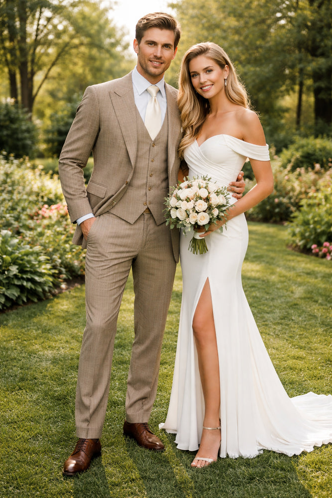 Sandstone Legacy Tan Pinstripe 3-Piece Artisan Suit by Rossiman