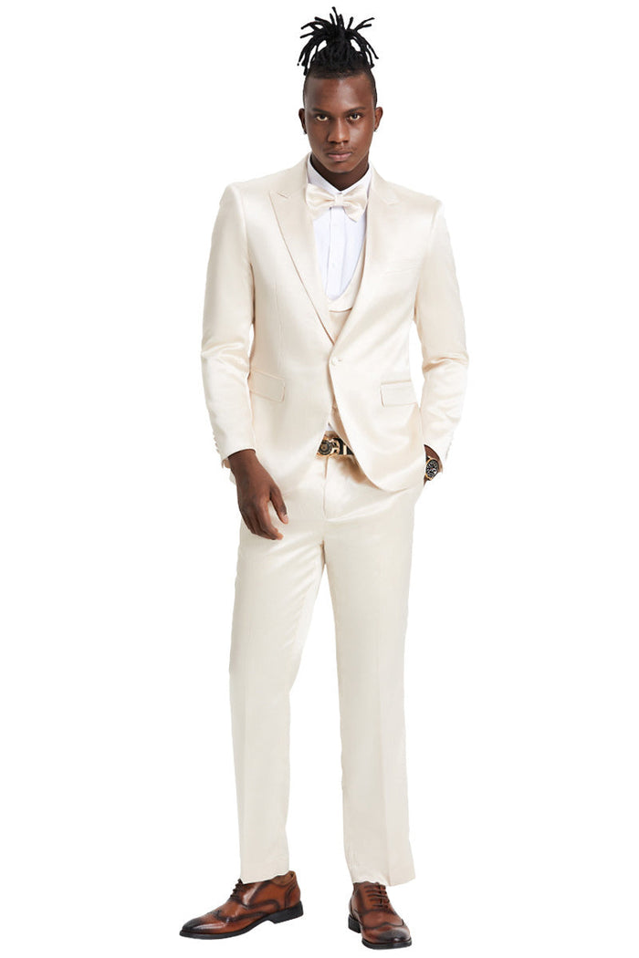 Men's Champagne Shiny Satin Sharkskin Suit with Vest