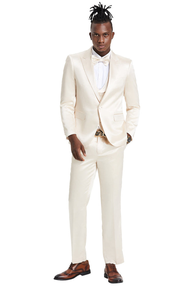 Men's Champagne Shiny Satin Sharkskin Suit with Vest