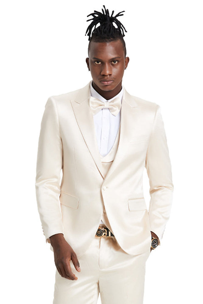 Men's Champagne Shiny Satin Sharkskin Suit with Vest
