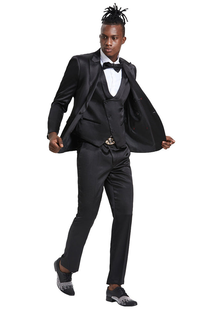 Men's Shine in Black: Satin Vested Suit