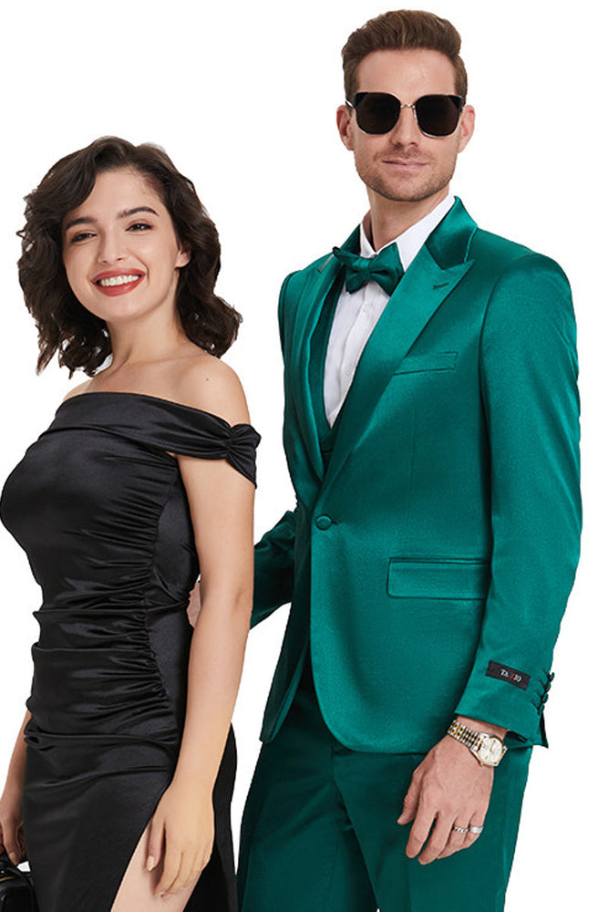 Emerald Green Men’s Satin Vested Suit by Tazzio