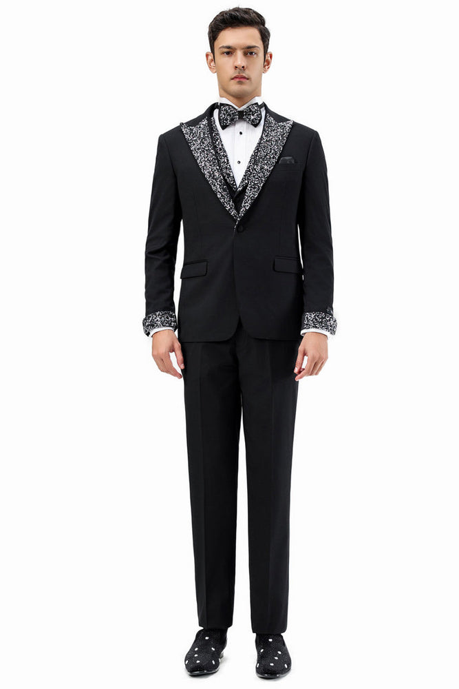 Men's Rhinestone sequin Peak Lapel Vested Tuxedo in Black