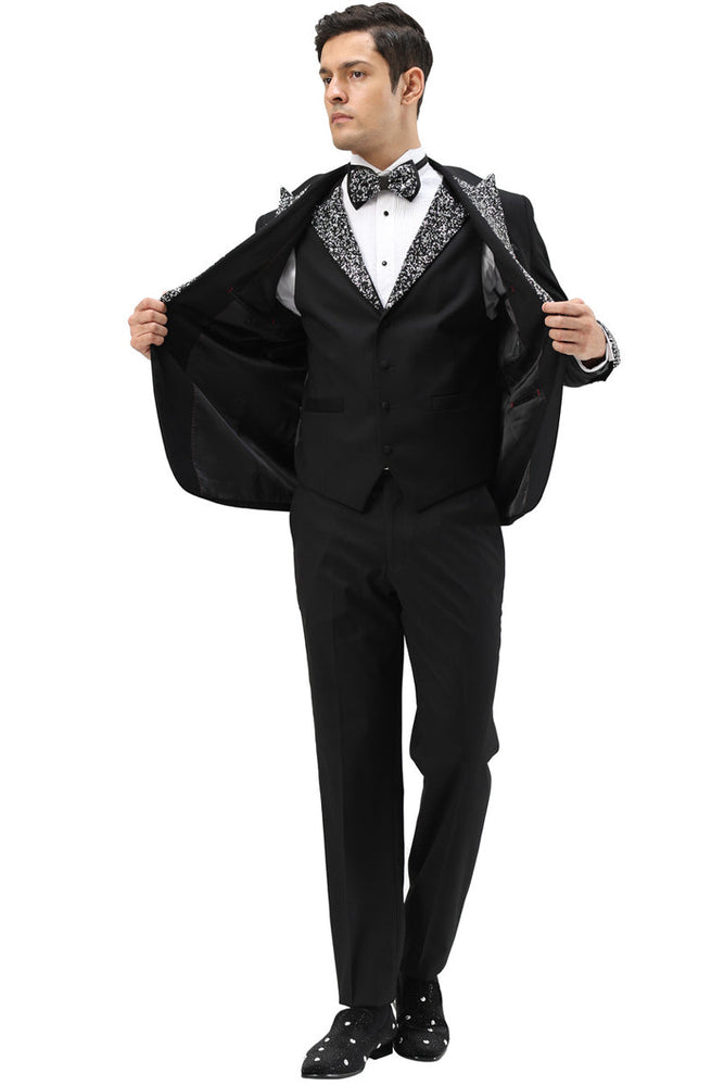 Men's Rhinestone Peak Lapel Vested Tuxedo in Black