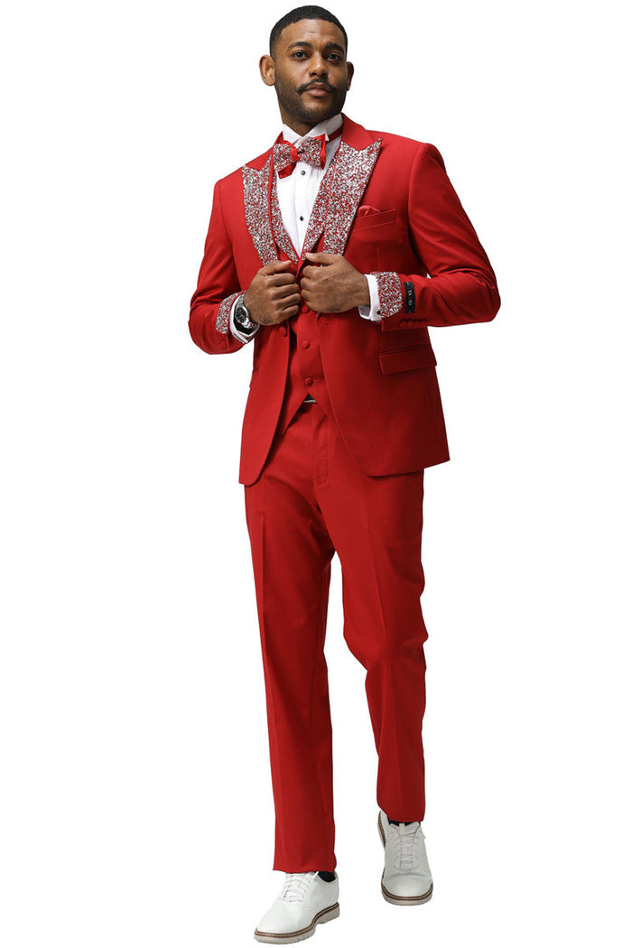 Men's Red Rhinestone sequin Peak Lapel Vested Tuxedo