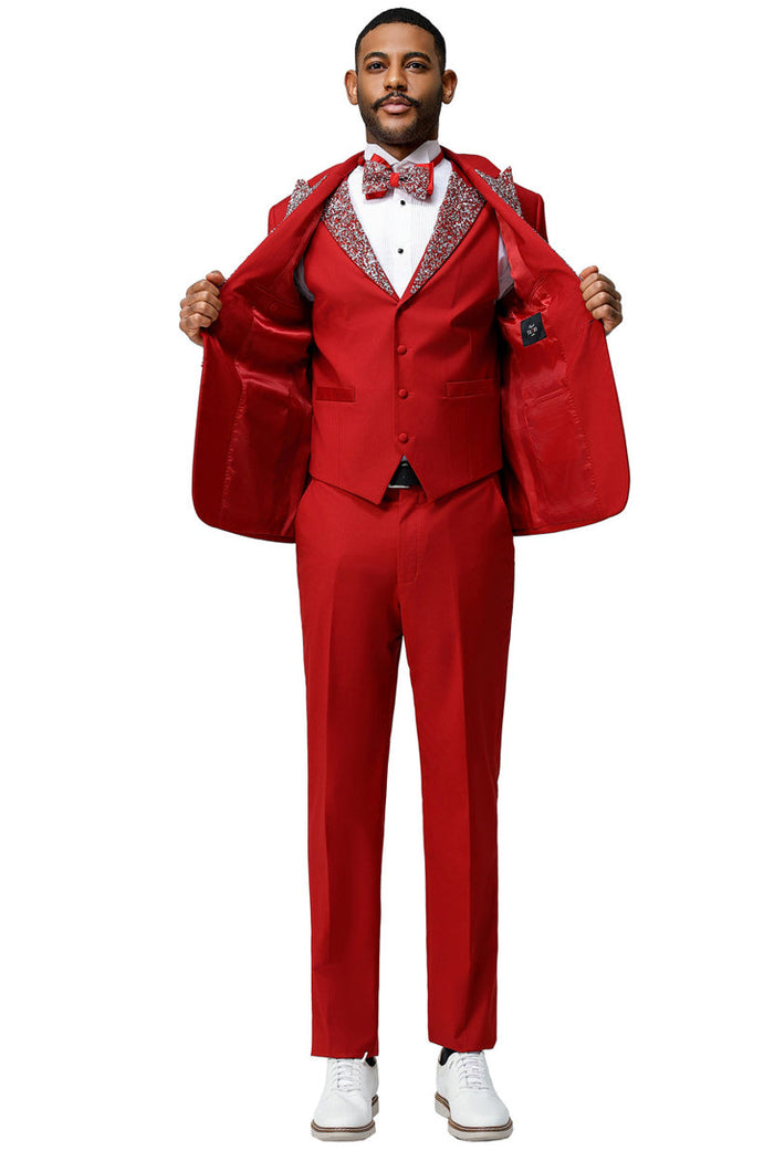 Men's Red Rhinestone sequin Peak Lapel Vested Tuxedo