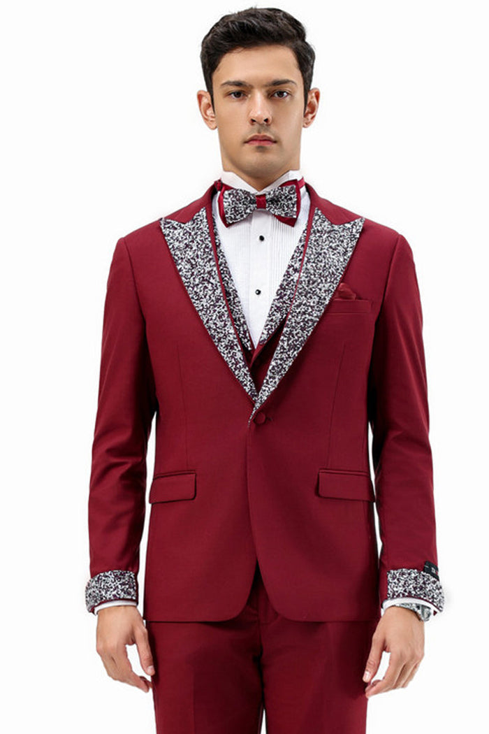 Men's Burgundy Rhinestone sequin Tuxedo for Prom and Formal Events