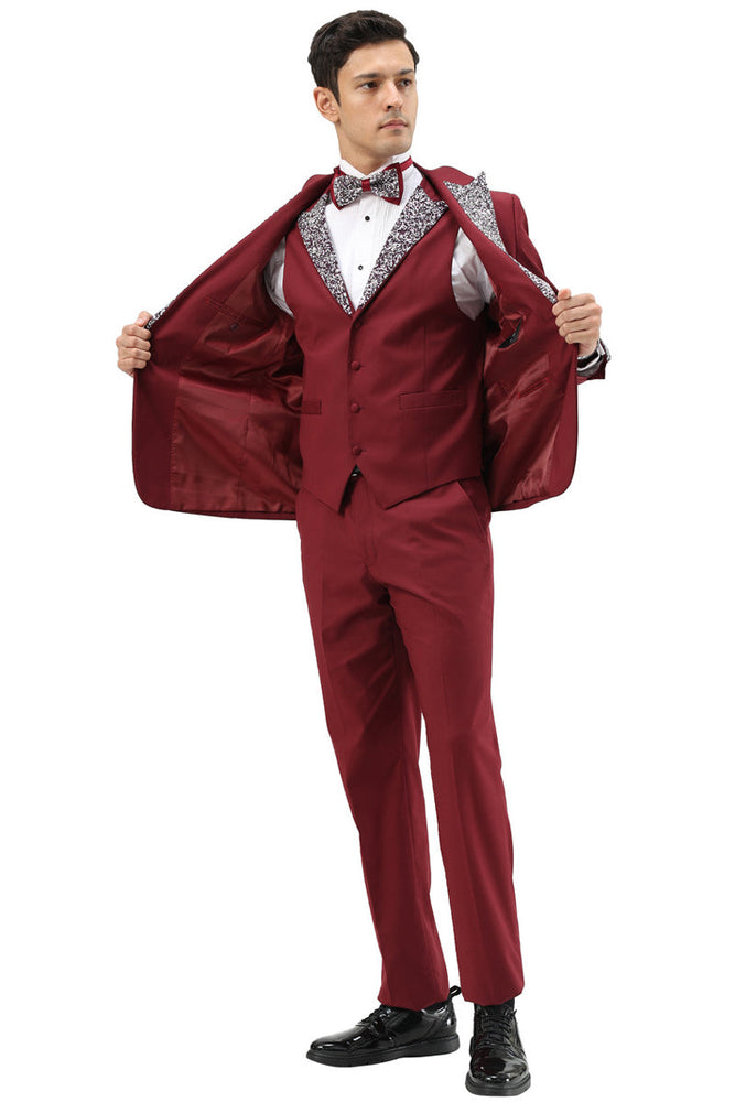 Men's Burgundy Rhinestone Tuxedo for Prom and Formal Events