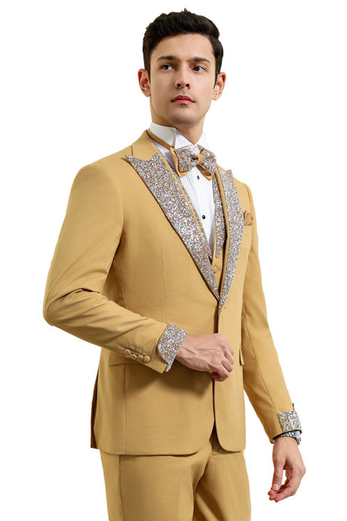 Men's Champagne Rhinestone sequin Tuxedo with Peak Lapel
