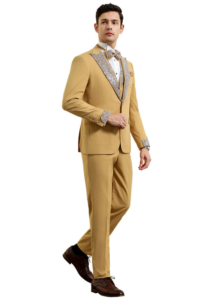 Men's Champagne Rhinestone sequin Tuxedo with Peak Lapel
