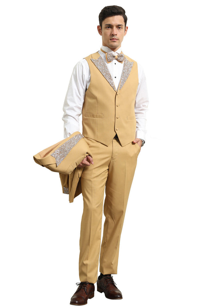 Men's Champagne Rhinestone Tuxedo with Peak Lapel