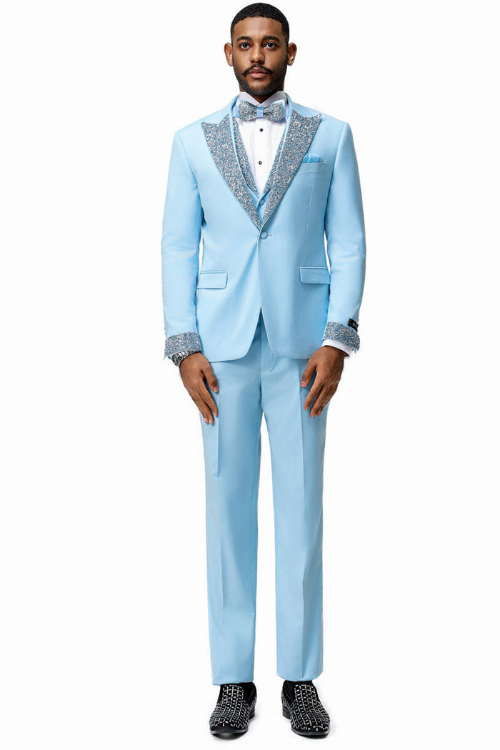 Men's Sky Blue Rhinestone sequin Tuxedo