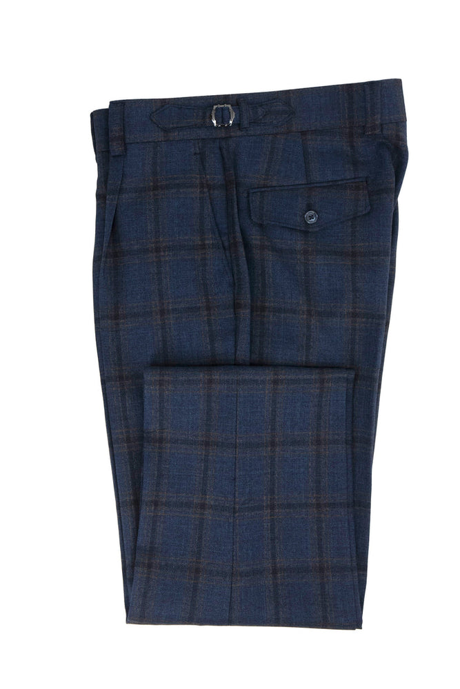 Tiglio Luxe Blue with Brown Windowpane Semi-Wide Leg Wool Marbella Dress Pants TL8101