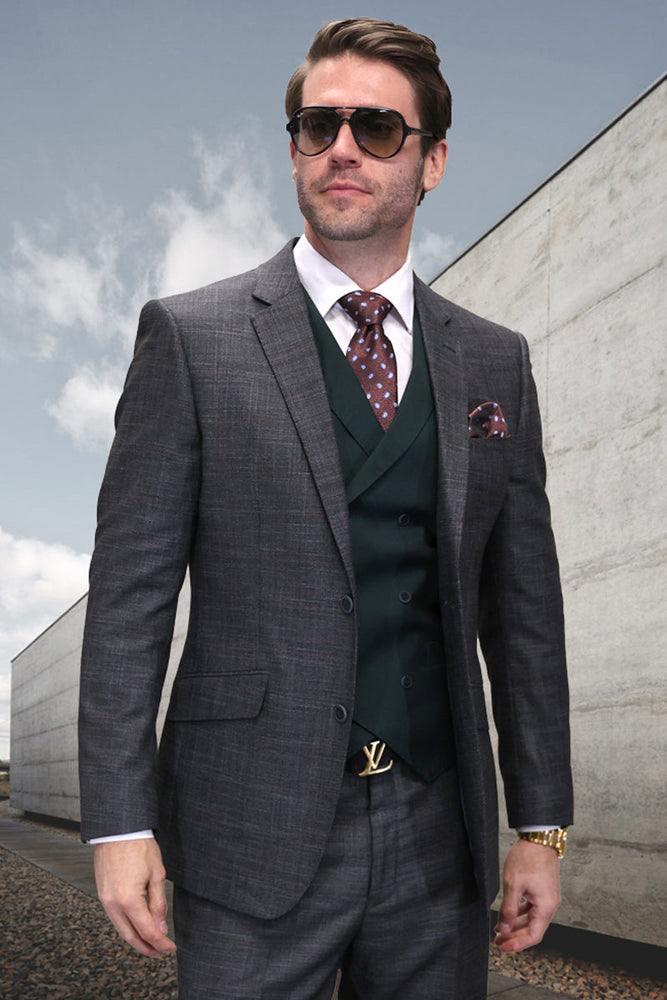 Men's Designer Wool Suit in Hunter Green Sharkskin with Double Breasted Vest