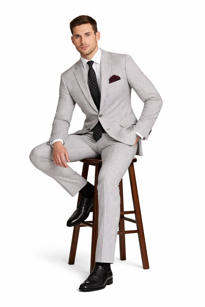 MEN'S 2PC SEERSUCKER MODERN FIT SUIT IN BLACK PINSTRIPE