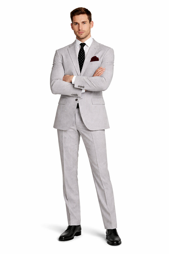 MEN'S 2PC SEERSUCKER MODERN FIT SUIT IN BLACK PINSTRIPE