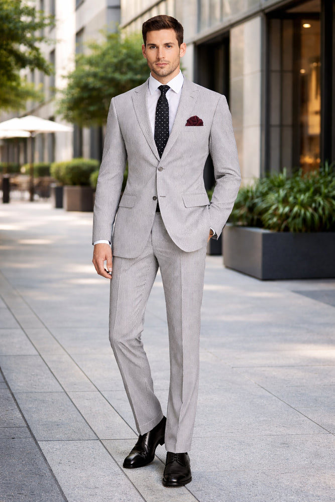 MEN'S 2PC SEERSUCKER MODERN FIT SUIT IN BLACK PINSTRIPE
