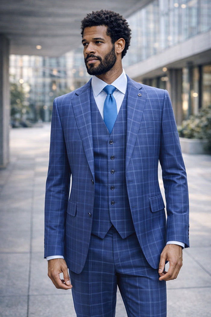 Statement Men's Plaid Tailored Fit 3 Piece Blue Designer Suit Modena