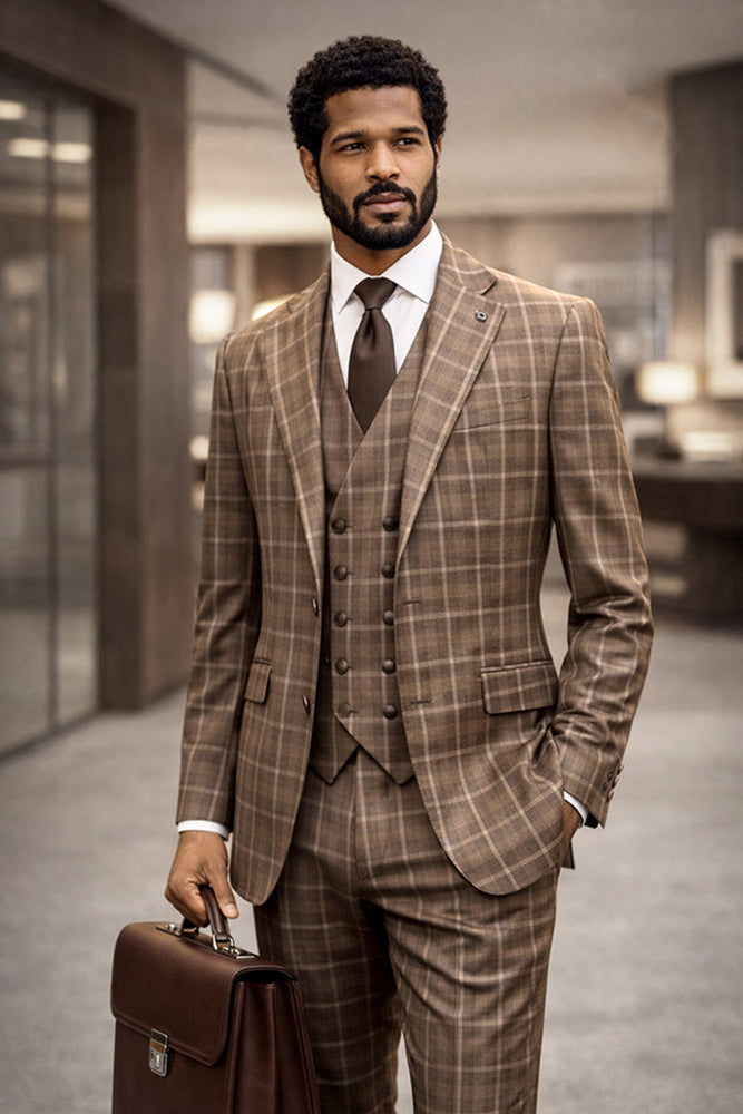 Statement Men's Plaid Modern Fit Copper 3 Piece Fashion Suit Modena