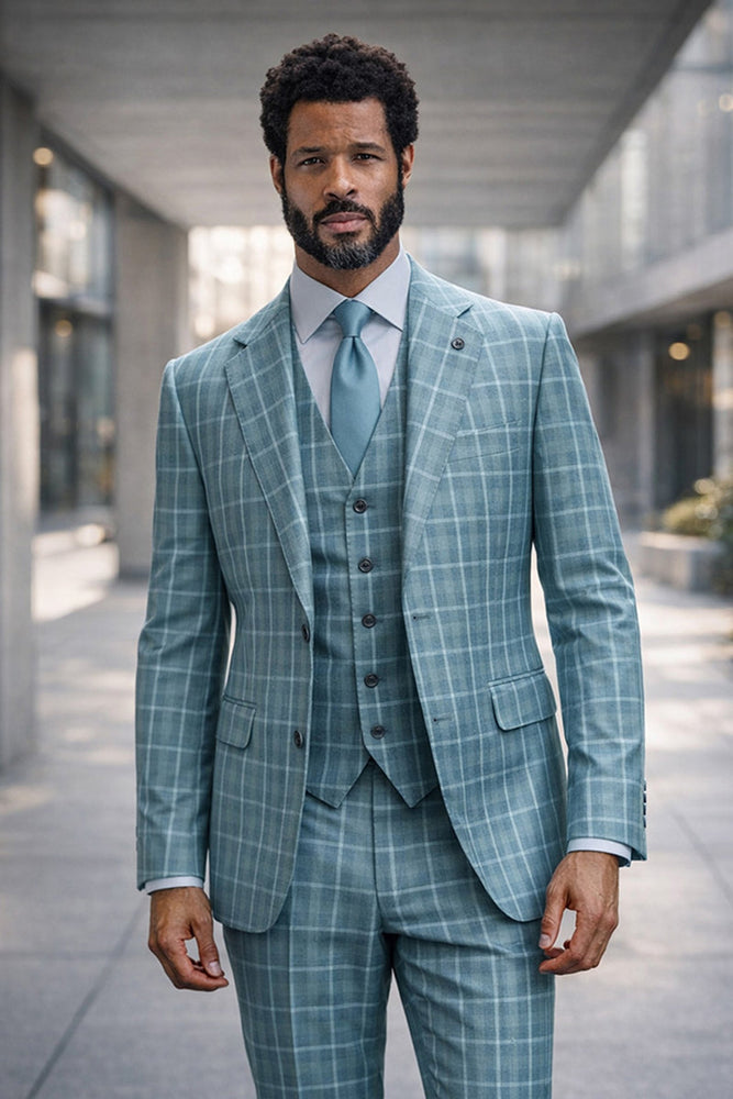 Statement Men's Plaid Jade Green Modern Fit 3 Piece Fashion Suit Modena