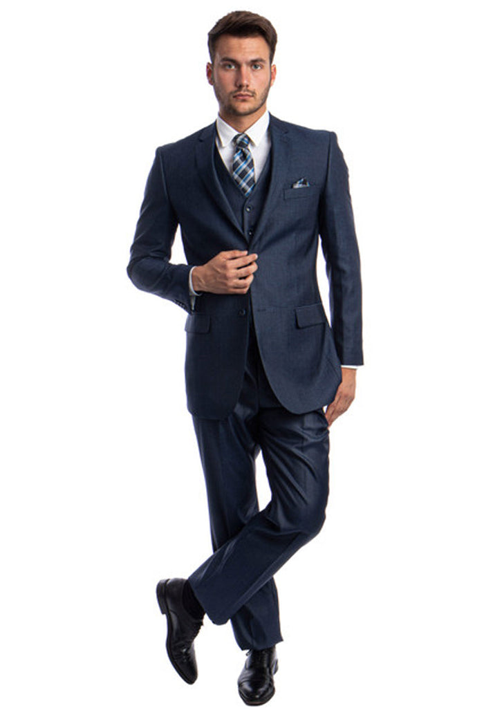 Men's Navy Blue Sharkskin Suit by Tazzio Suits