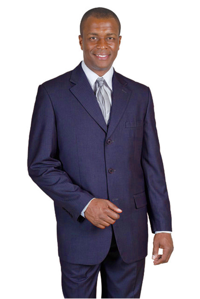 "Navy Blue Men's Classic Wool Pinstripe Suit - 3 Button Design"
