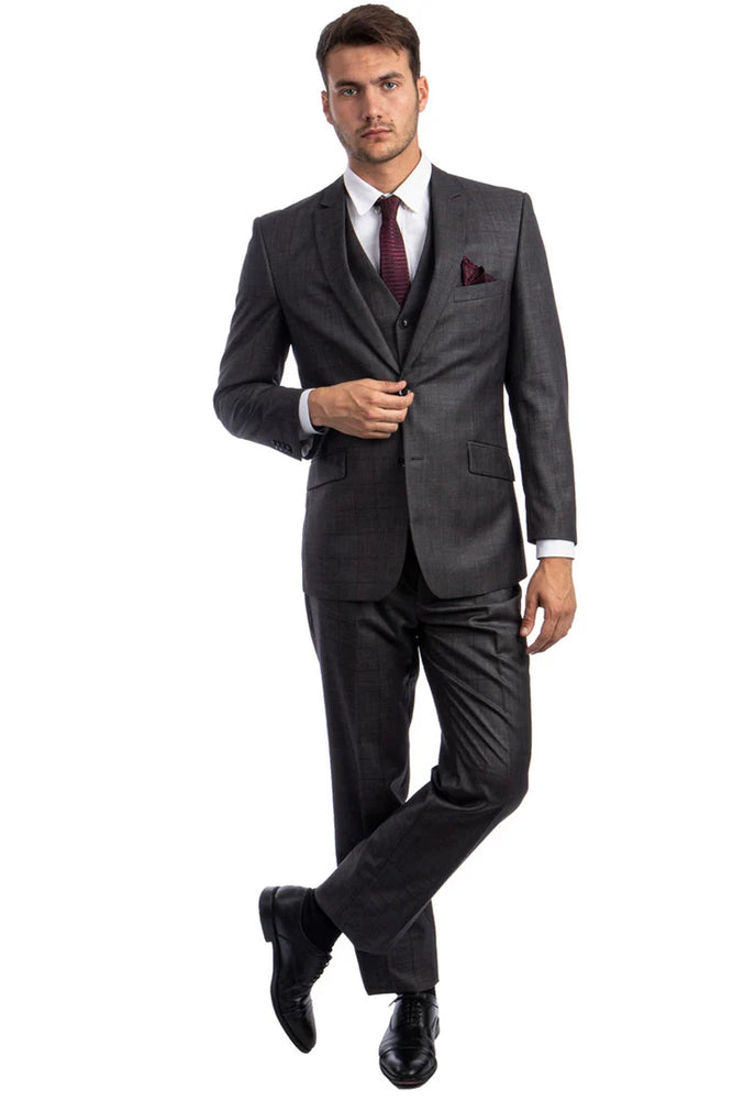 Zegarie Suits - Men's 100% Wool Modern Fit Vested Suit in Charcoal Grey & Burgundy Windowpane Plaid