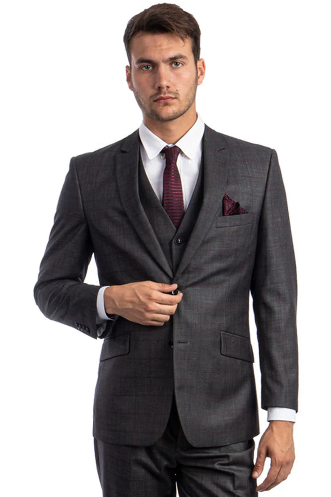 Zegarie Suits - Men's 100% Wool Modern Fit Vested Suit in Charcoal Grey & Burgundy Windowpane Plaid